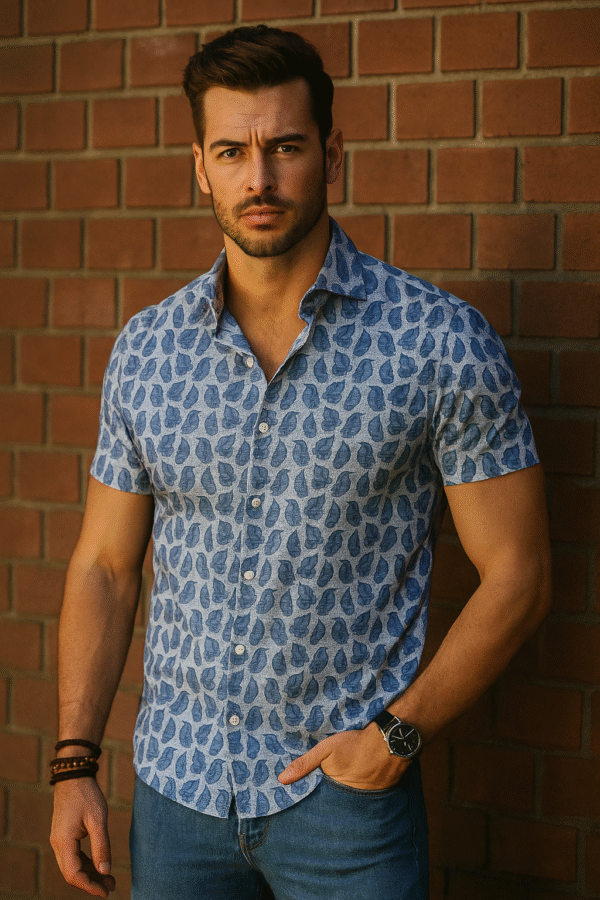 Fikaaro Men’s Shirt: Leafy Elegance Printed Long Sleeve Blue Cotton Casual Shirt | ART-58-C