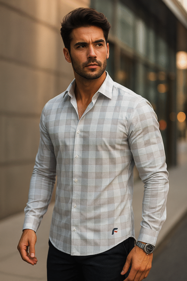 Fikaaro Men’s Shirt: Grey and Blue Seamless Plaid Cotton Casual Printed Shirt | SD-1155-A