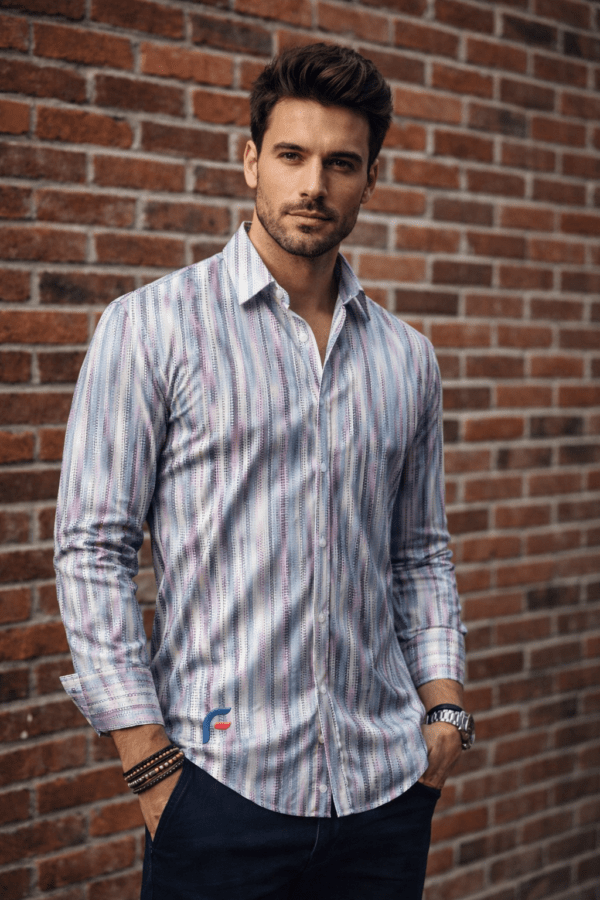 Fikaaro Men's Printed Shirt: Cadet Grey with Blush Pink Polka Dots in Stripes