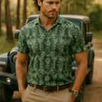 Fikaaro Men’s Shirt: Dark Forest Green Damask Seamless Print for Timeless Style